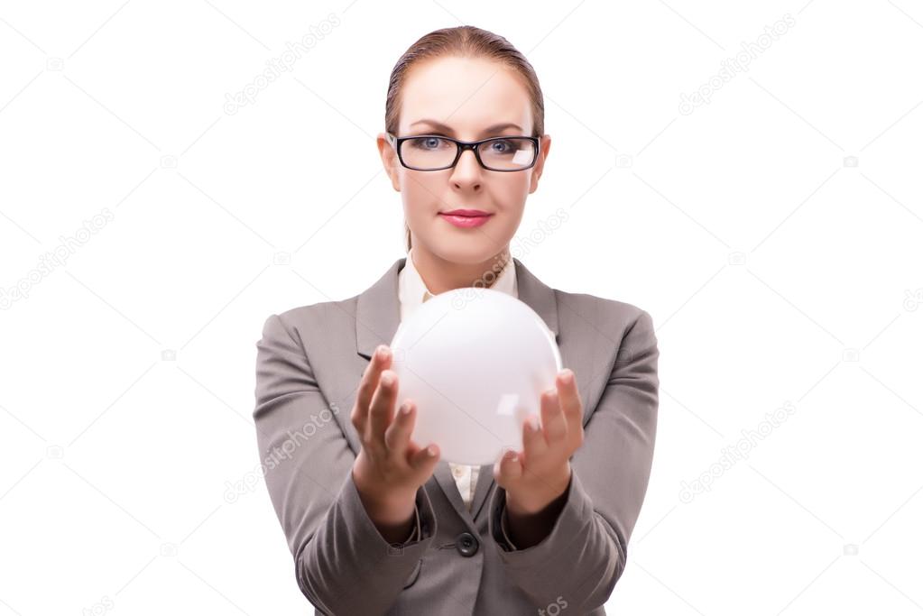 Woman holding crystall ball isolated on white