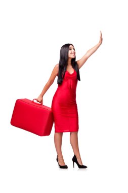 Beyaz arka plan üzerinde izole bavul kadınla