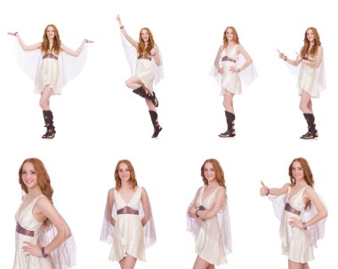 Beyaz tenli, açık renkli, büyüleyici elbiseli güzel bayan.