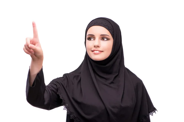 Muslimische Frau in schwarzem Kleid isoliert auf weißem Grund — Stockfoto