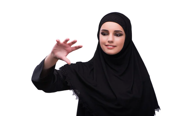 Muslimische Frau in schwarzem Kleid isoliert auf weißem Grund — Stockfoto