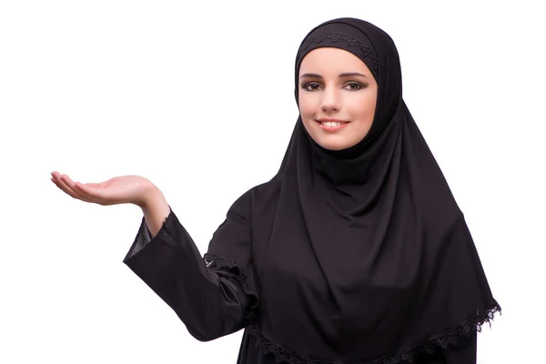 黒のドレスが白で隔離でイスラム教徒の女性 — ストック写真
