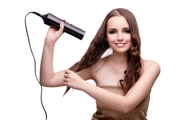 Beautiful woman getting her hair done with hair dryer isolated o — Stock Photo, Image