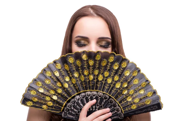 Mulher com ventilador isolado em branco — Fotografia de Stock