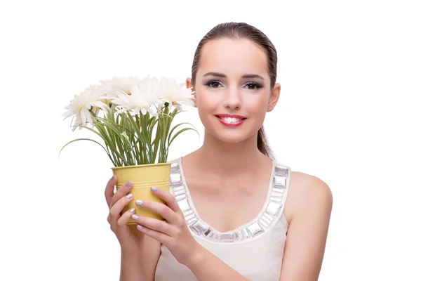 Donna con fiore isolato su bianco — Foto Stock