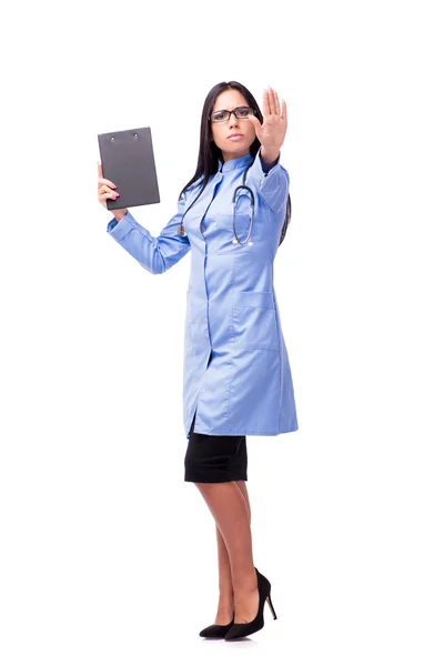 Jovem médica em conceito médico isolado em branco — Fotografia de Stock