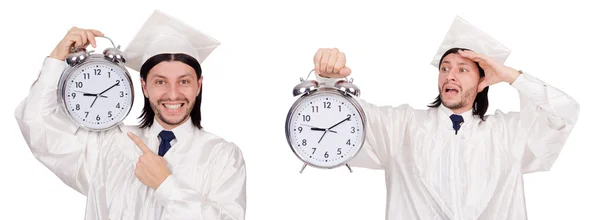 Ung man student med klockan isolerad på vit — Stockfoto