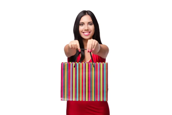 Woman in red dres after shopping isolated on white — Stock Photo, Image