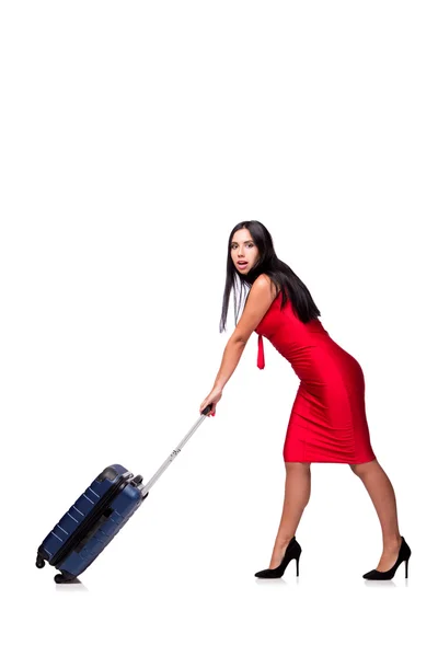 Mulher com mala isolada em fundo branco — Fotografia de Stock