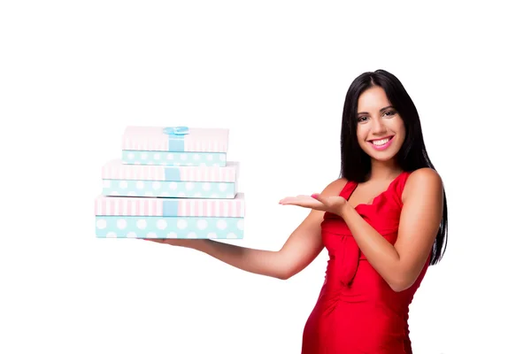 Женщина с коробкой подарков изолированы на белом фоне — стоковое фото