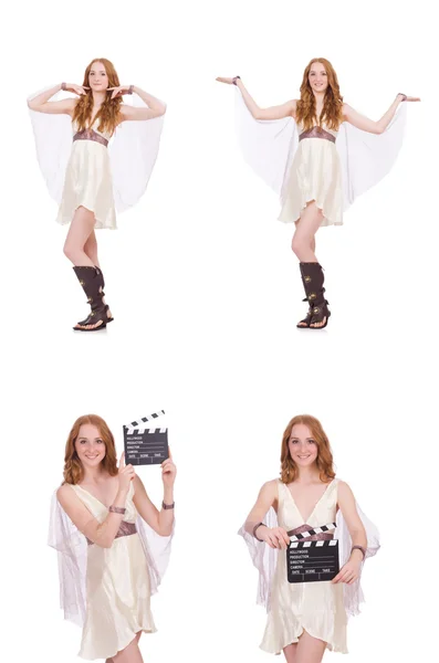 Kvinne med filmklapper isolert på hvitt – stockfoto