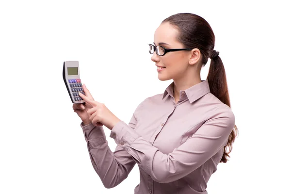 Young businesswoman with calculator isolated on white — Stock Photo, Image