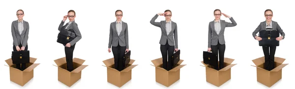 Composite image of woman with boxes on white — Stock Photo, Image