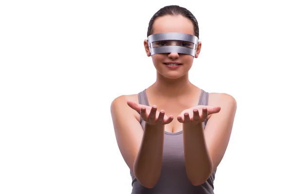 Γυναίκα με γυαλιά techno απομονωθεί σε λευκό — Φωτογραφία Αρχείου