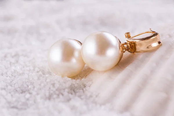 Golden earrings and sea shell — Stock Photo, Image