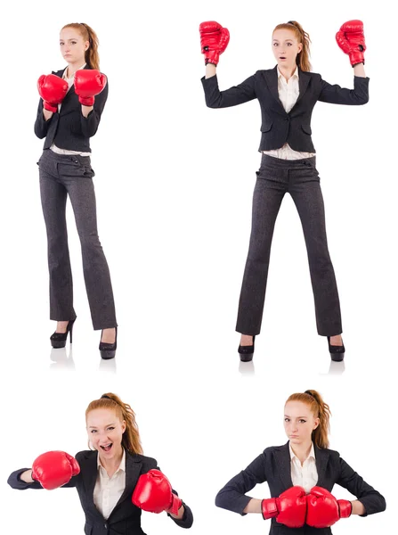 Woman businesswoman with boxing gloves on white — Stock Photo, Image