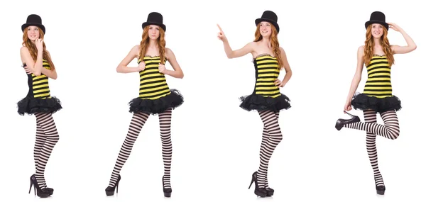 A girl in black and yellow striped dress isolated on white — Stock Photo, Image