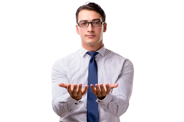 Νεαρός επιχειρηματίας όμορφος πατώντας κουμπιά που απομονώνονται σε λευκό — Φωτογραφία Αρχείου