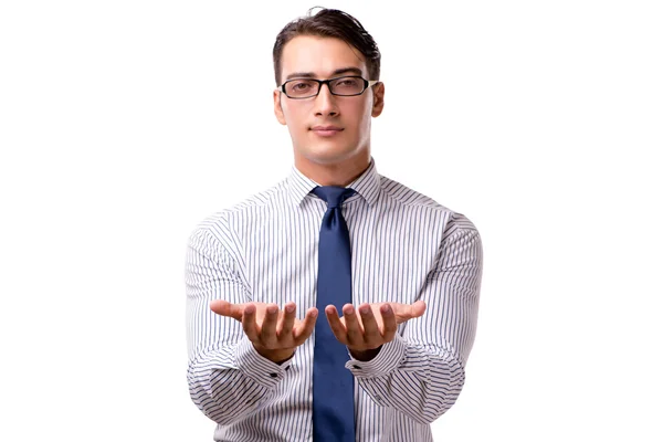 Joven hombre de negocios guapo presionando botones aislados en blanco —  Fotos de Stock