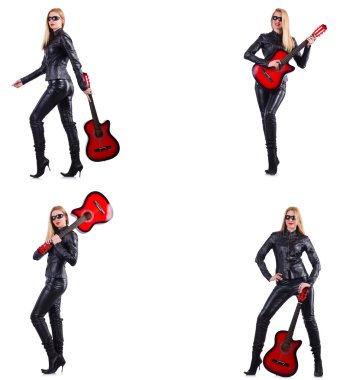 Beyaz tenli gitar çalan genç bir kadın.