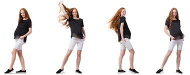 Karmaşık görüntülü hamile kadın beyazda izole edilmiş.