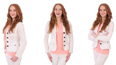 Beyaz arka planda izole edilmiş genç bir kadın