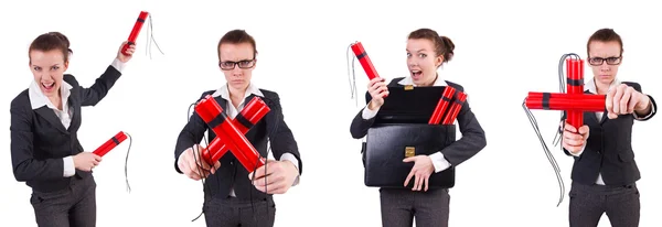 Woman businesswoman with dynamite stick isolated on white — Stock Photo, Image