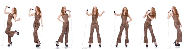 Jovem cantando em karaoke isolado em branco — Fotografia de Stock