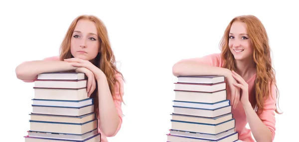Női hallgató egy halom könyvvel — Stock Fotó