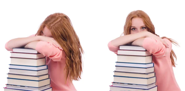 Kvinna student med högar av böcker — Stockfoto