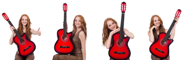 Young woman with guitar isolated on white — Stock Photo, Image