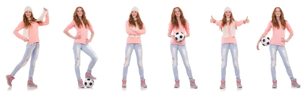 Junge Frau mit Fußball isoliert auf weiß — Stockfoto