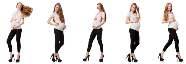 Zwangere vrouw in samengesteld beeld geïsoleerd op wit — Stockfoto
