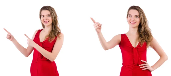 Jeune femme en robe rouge isolé sur blanc — Photo