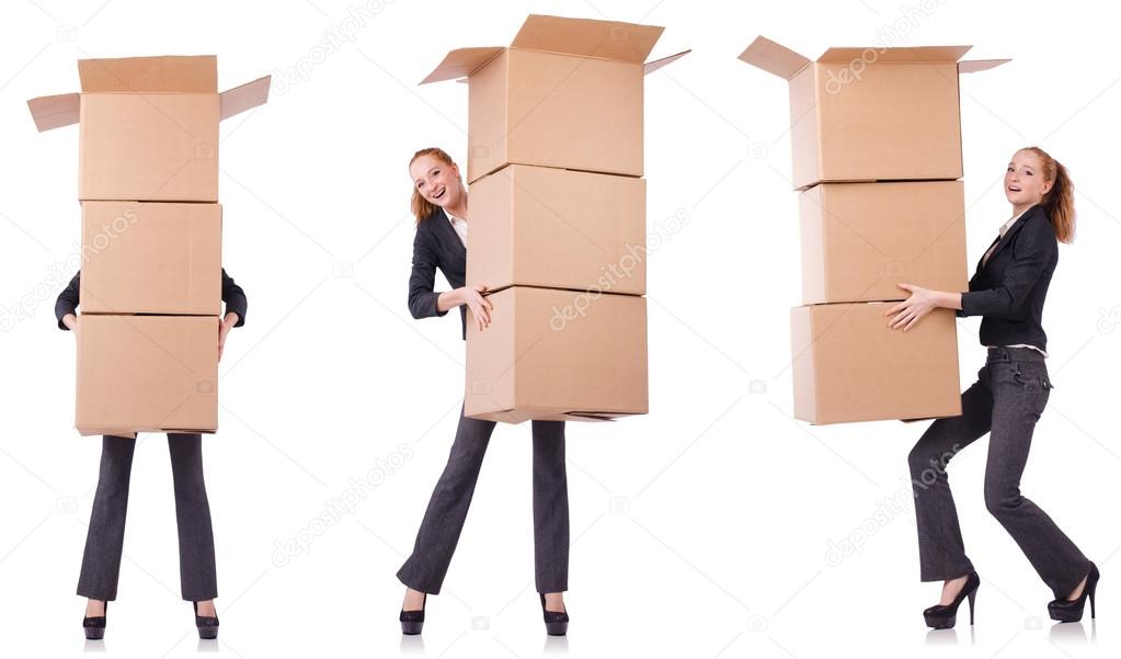 Businesswoman with boxes isolated on white