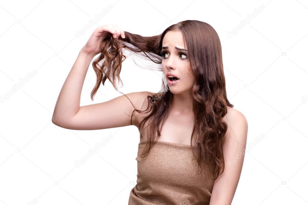 Woman checking her haircut isolated on white