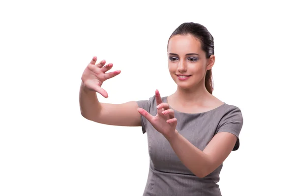 Joven empresaria presionando botón virtual aislado en blanco — Foto de Stock