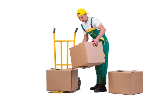 Giovane uomo in movimento scatole con carrello isolato su bianco — Foto Stock