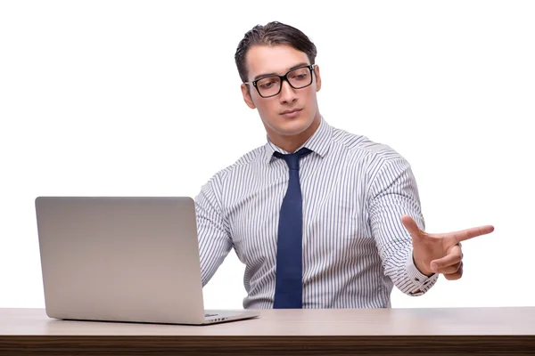 Hombre de negocios guapo trabajando con ordenador portátil aislado en wh — Foto de Stock