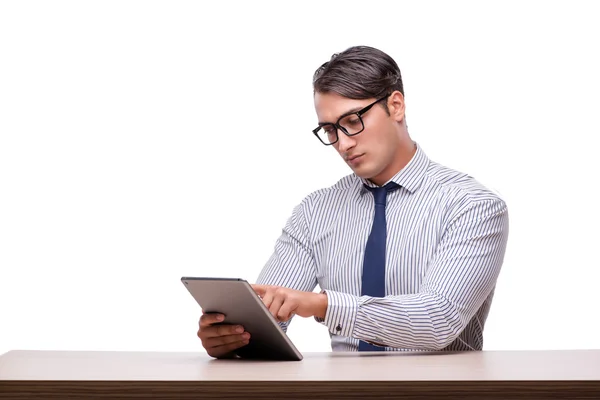 Bonito homem de negócios trabalhando com computador tablet isolado no wh — Fotografia de Stock