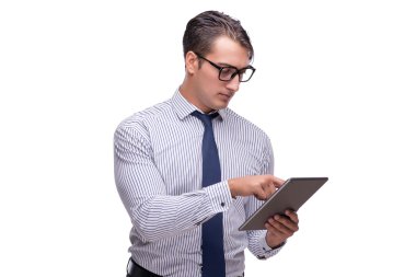 Yakışıklı işadamı wh izole tablet bilgisayar ile çalışma