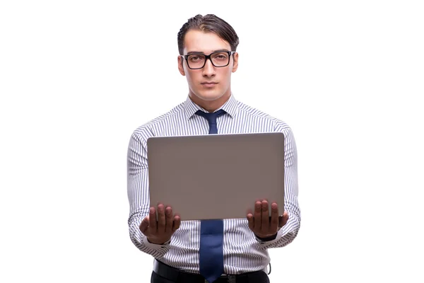 Bonito homem de negócios trabalhando com computador portátil isolado no wh — Fotografia de Stock