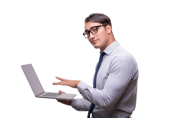 Schöner Geschäftsmann arbeitet mit Laptop-Computer isoliert auf wh — Stockfoto