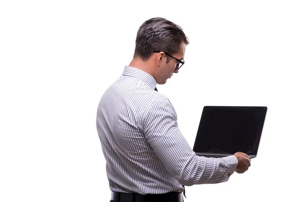 Hombre de negocios guapo trabajando con ordenador portátil aislado en wh — Foto de Stock