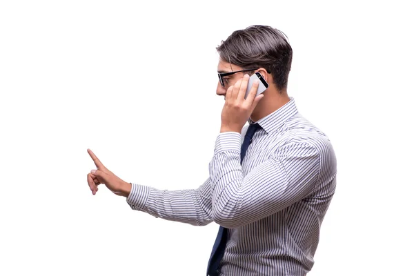 Hombre de negocios guapo trabajando con teléfono móvil aislado en blanco — Foto de Stock