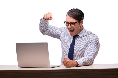 Dizüstü bilgisayarı olan adam beyazda izole edildi