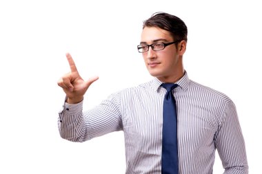 Genç yakışıklı işadamı beyaz izole düğmelere basarak