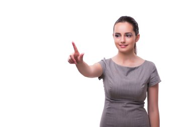 Genç işkadını beyaz izole sanal düğmesine basarak