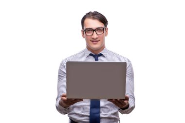 Yakışıklı işadamı wh izole dizüstü bilgisayar ile çalışma