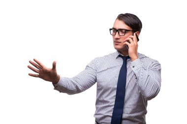 Adam beyaz izole hareket eden smartphone ile